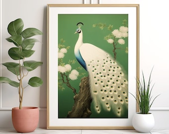 Ohara Koson Style Peacock Art Print: Emerald Green Japanese Decor (Digital Download)