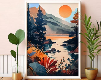 Boho Landscape Wall Art, Lake Art, Mountain Print, Watercolor Painting, Aesthetic Lake House Decor, Modern Wall Poster, Digital PRINTABLE