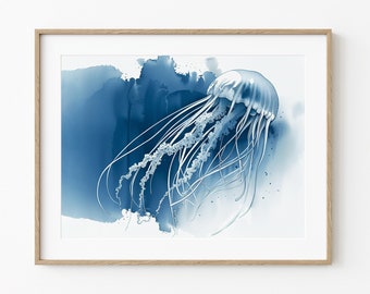 Impresión de medusas azules en acuarela: Póster imprimible de arte náutico costero (descarga digital)