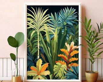 Boho Tropical Botanical Wall Art: Green Leaves Print, Retro Poster (Digital Printable)