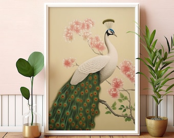 Japanese Art Print: Ohara Koson Style Emerald Green Peacock Wall Art, Printable (Digital Download)