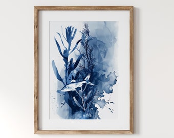 Abstract Marine Life Art Print: Blue Coastal Wall Decor (Digital Download)