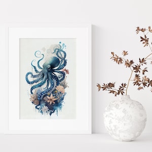 Beach House Band Poster, Bathroom Wall Art, Navy Blue Underwater Prints, Watercolor Big Octopus, Beach Print, Digital PRINTABLE