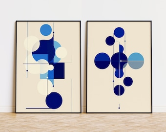 Blue Bauhaus Print Set: Mid-Century Modern Posters, Retro Minimalist Wall Art  (Digital Download)