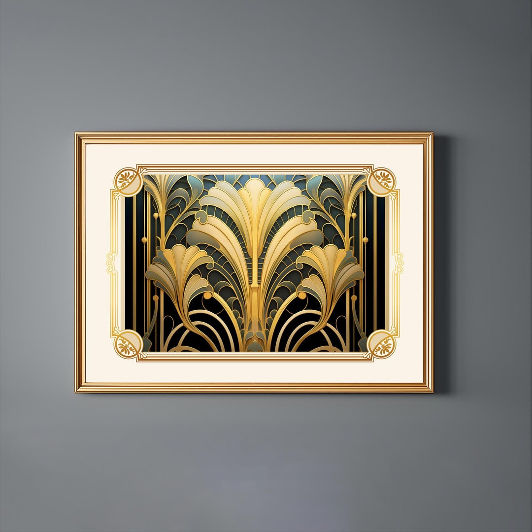 Gold Floral Art Deco Geometric Print: Nouveau Vintage Design Wall Decor ...
