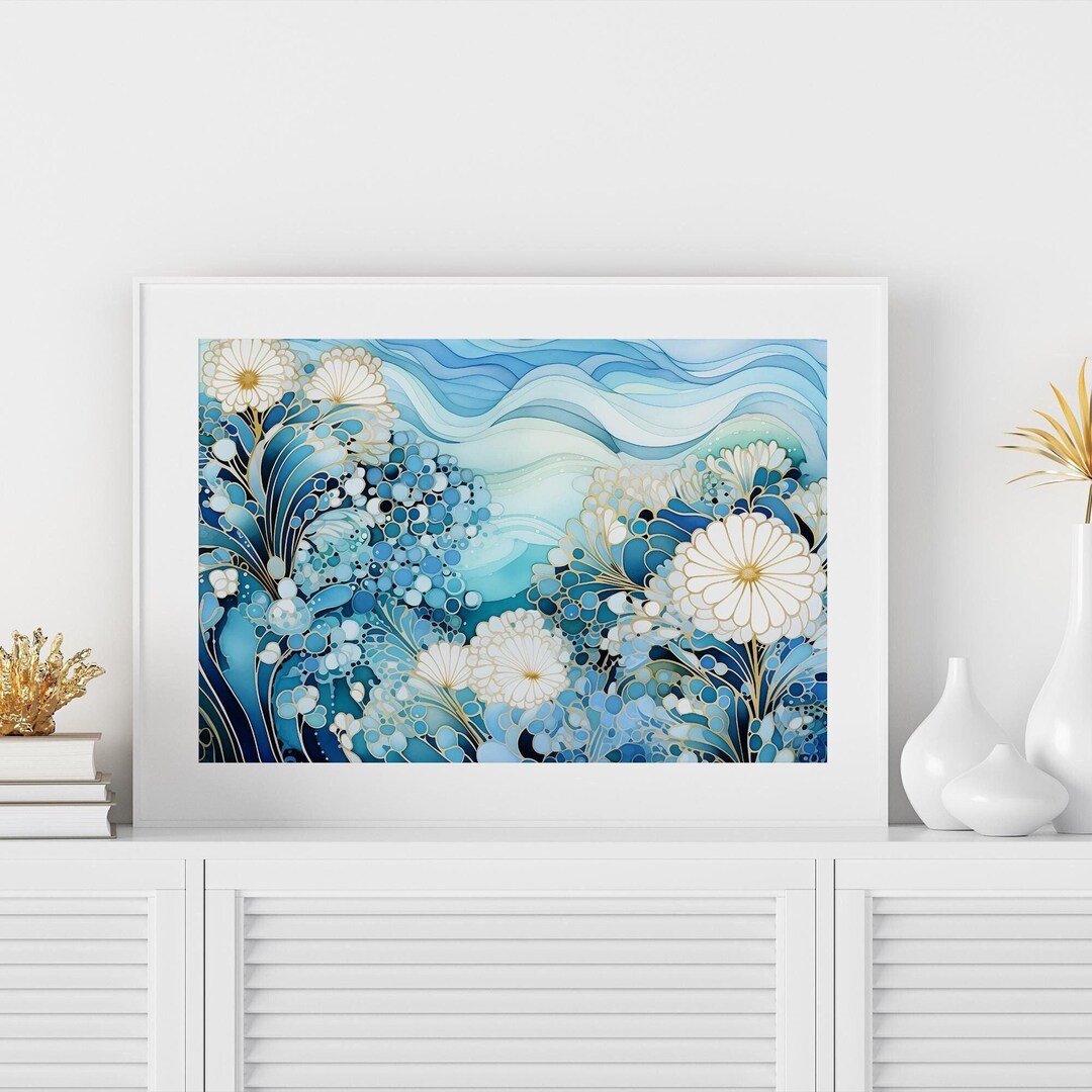 Art Deco Print Beach House Wall Art Blue Floral Art Nouveau Wall Decor ...