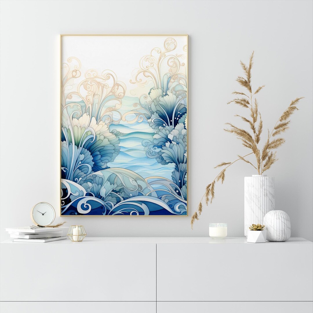 Art Deco Print Beach House Wall Decor Blue Floral Art Nouveau Wall Art ...