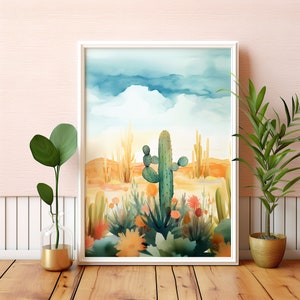 Arte de pared bohemio, impresión de paisaje del desierto occidental, paisaje desértico de cactus verdes, decoración bohemia natural, descarga digital instantánea para imprimir.