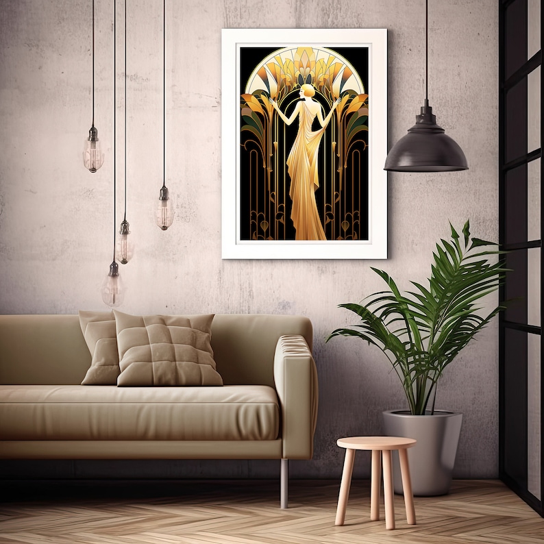 Puede incluir: Una impresi&oacute;n de arte enmarcada que presenta a una mujer con un vestido dorado de pie en un arco decorativo con patrones geom&eacute;tricos. El fondo es negro con acentos verdes y dorados.