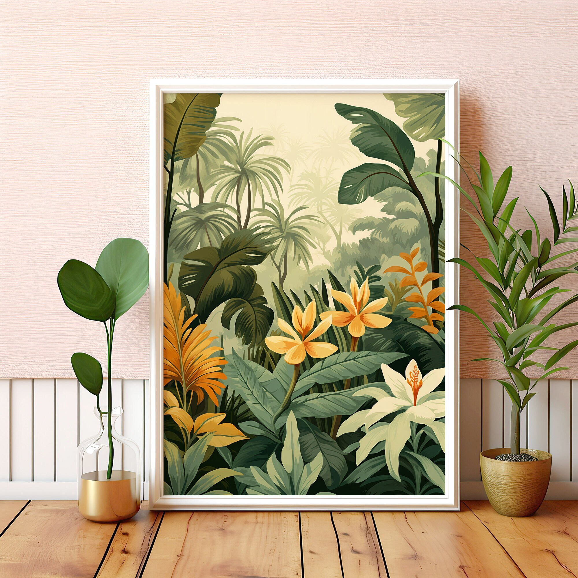 Tropical Print PRINTABLE Boho Wall Art Hawaii Botanical Plants Floral Poster Mid Century Modern Wall Decor AI Art Instant Download Digital