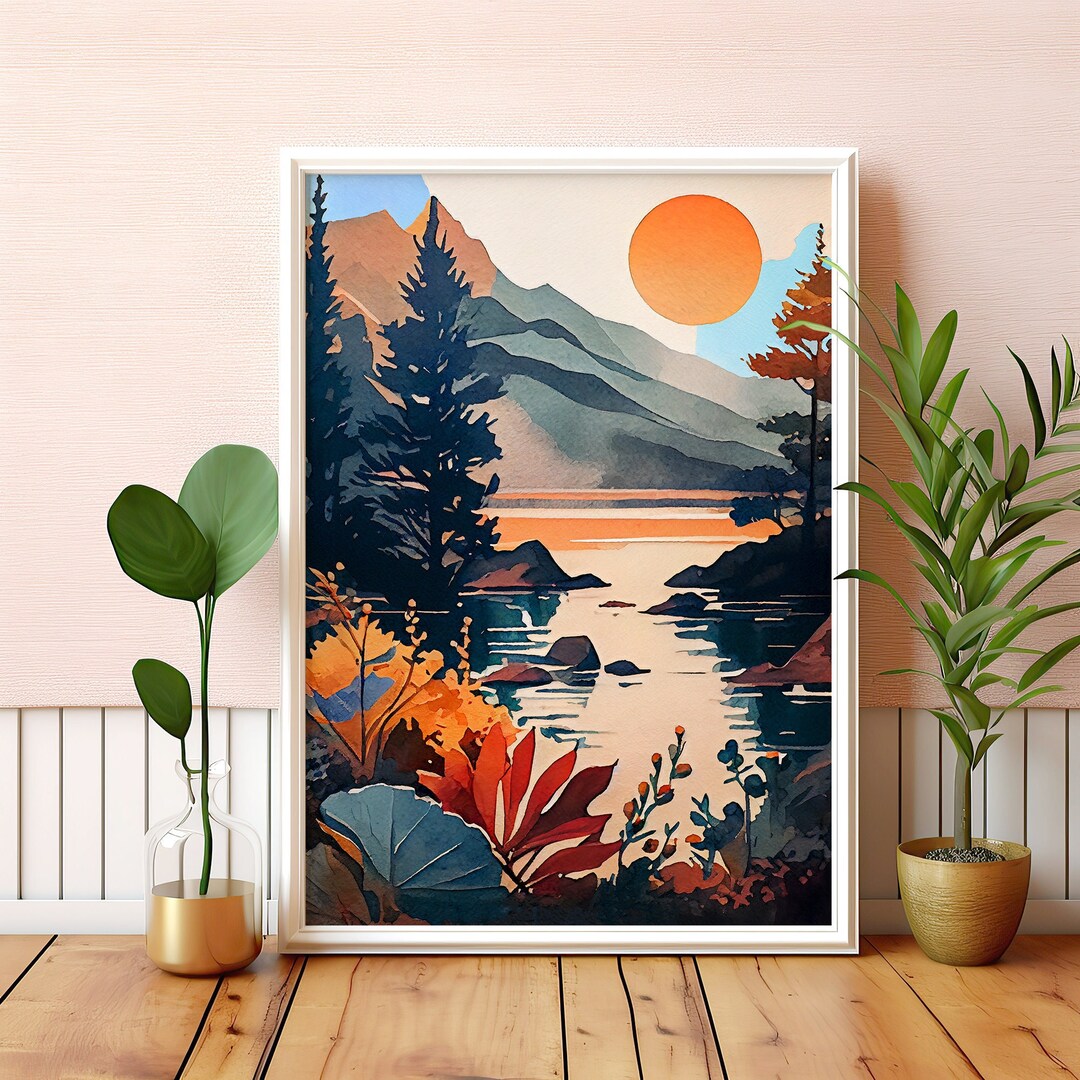 Boho Landscape Wall Art Lake Art Mountain Print Watercolor Etsy