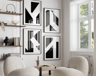 Láminas abstractas minimalistas en blanco y negro: Juego de 9 para pared (descarga digital)