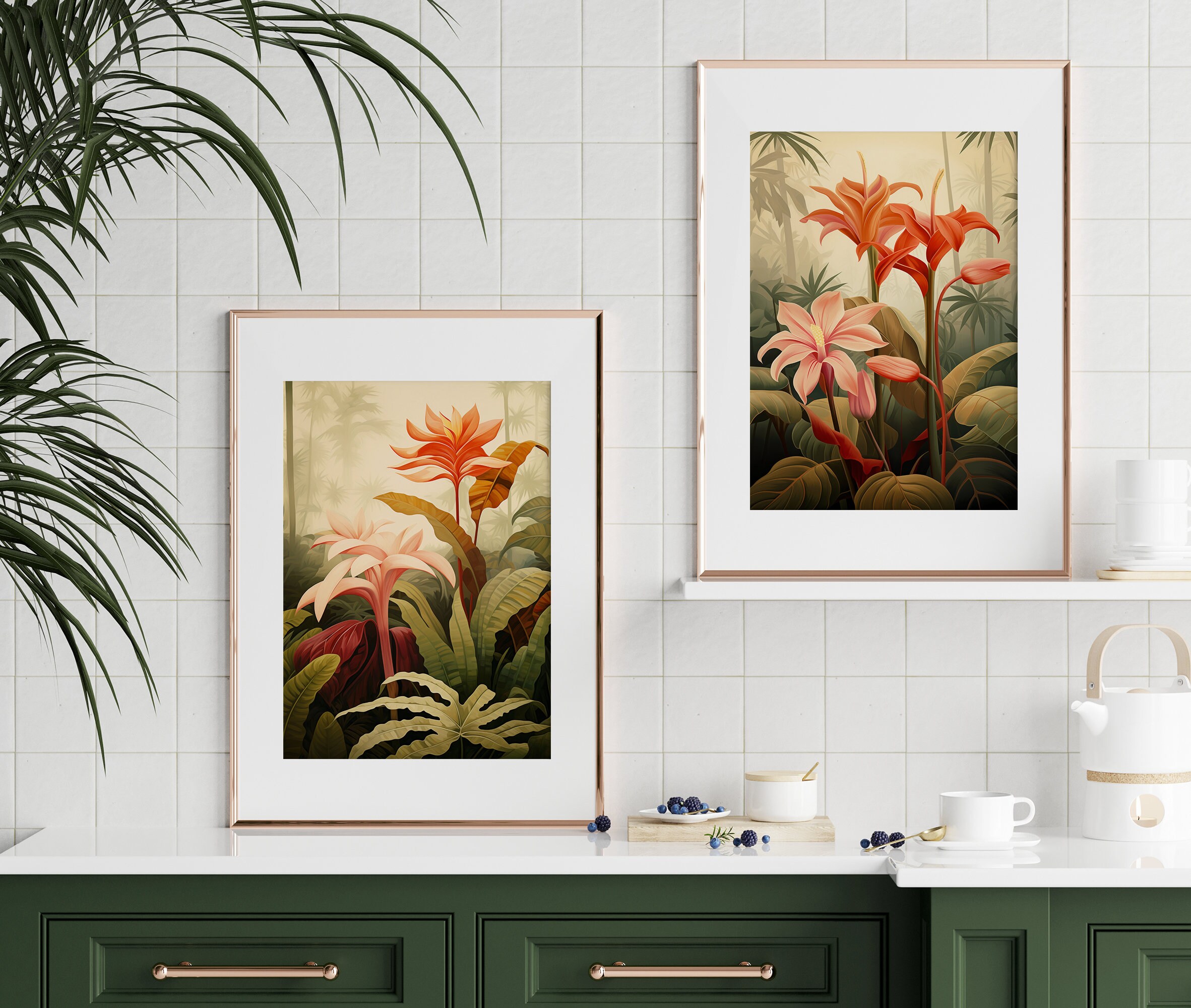 Set of 2 Boho Tropical Wall Art Jungle Botanical Floral Plants Plants Print Wall Decor Bundle ...
