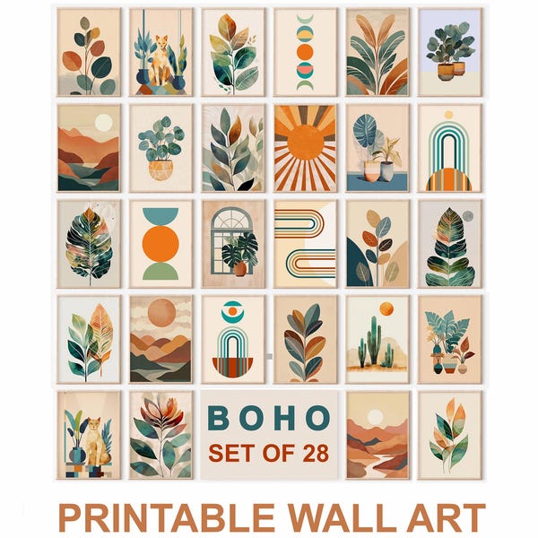 Boho Gallery WallArt Set of 28: Mid Century Modern & Abstract Botanical Prints (Digital)