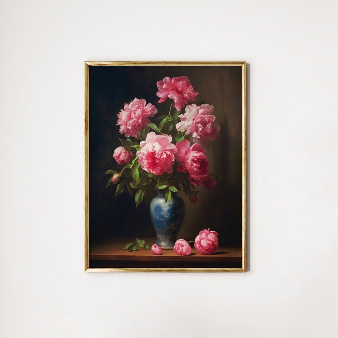 Printable Vintage Antique Painting Peonies Wall Art | Living Room Wall ...
