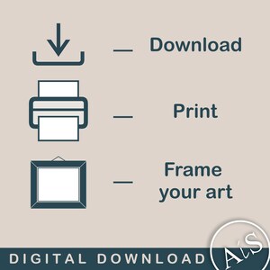 Puede incluir: Una ilustraci&oacute;n de descarga digital que muestra un icono de descarga, un icono de impresora y un marco de imagen. El texto "Descargar", "Imprimir" y "Enmarca tu arte" est&aacute; al lado de cada icono. El texto "DESCARGA DIGITAL" est&aacute; en la parte inferior de la imagen.