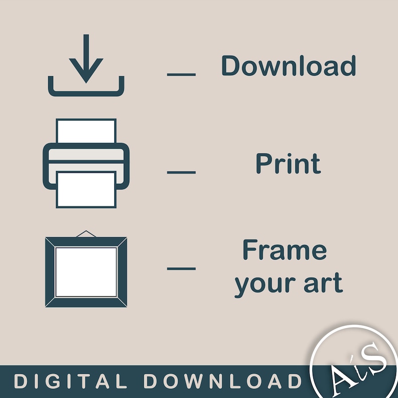 Puede incluir: Una ilustraci&oacute;n de descarga digital que muestra un icono de descarga, un icono de impresora y un marco de imagen. El texto "Descargar", "Imprimir" y "Enmarca tu arte" est&aacute; al lado de cada icono. El texto "DESCARGA DIGITAL" est&aacute; en la parte inferior de la imagen.