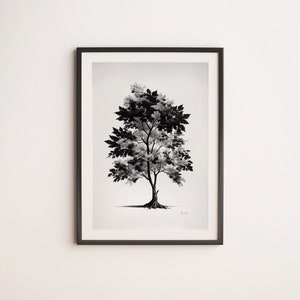 May include: Black and white illustration of a tree with a thick trunk and branches. The tree is drawn in a minimalist style with a simple background.