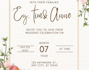 Red, simple, floral, classic, printable, handwritten, digital wedding invitation