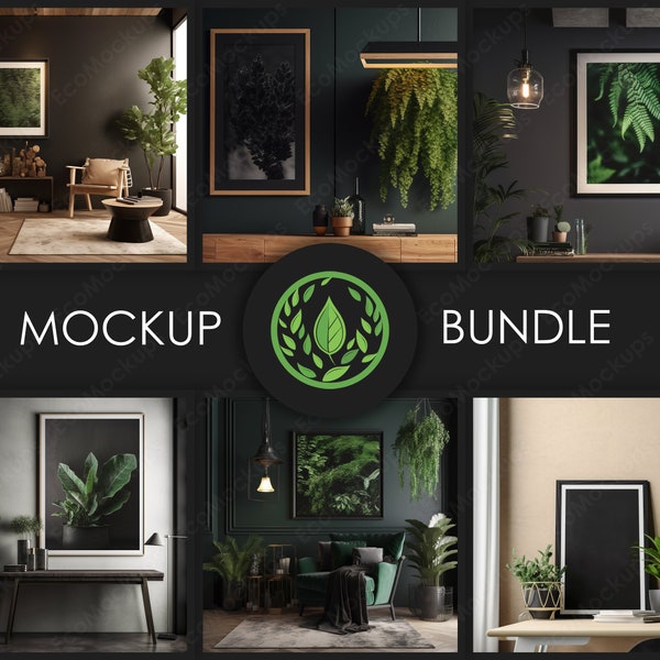 10 Pack of Black Picture Frame Mockups, PSD Mockup Bundle for a Minimalist Living Room Interior, Home and Office Decor