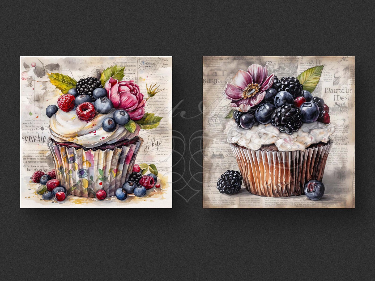 Newspaper Printable Art or Custom Card Print Set of Watercolor Cupcake ...