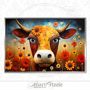 Floral Cow Art Print - Whimsical Flower Field Cow, Unique Farmhouse Decor, Instant Downloadable Wall Art