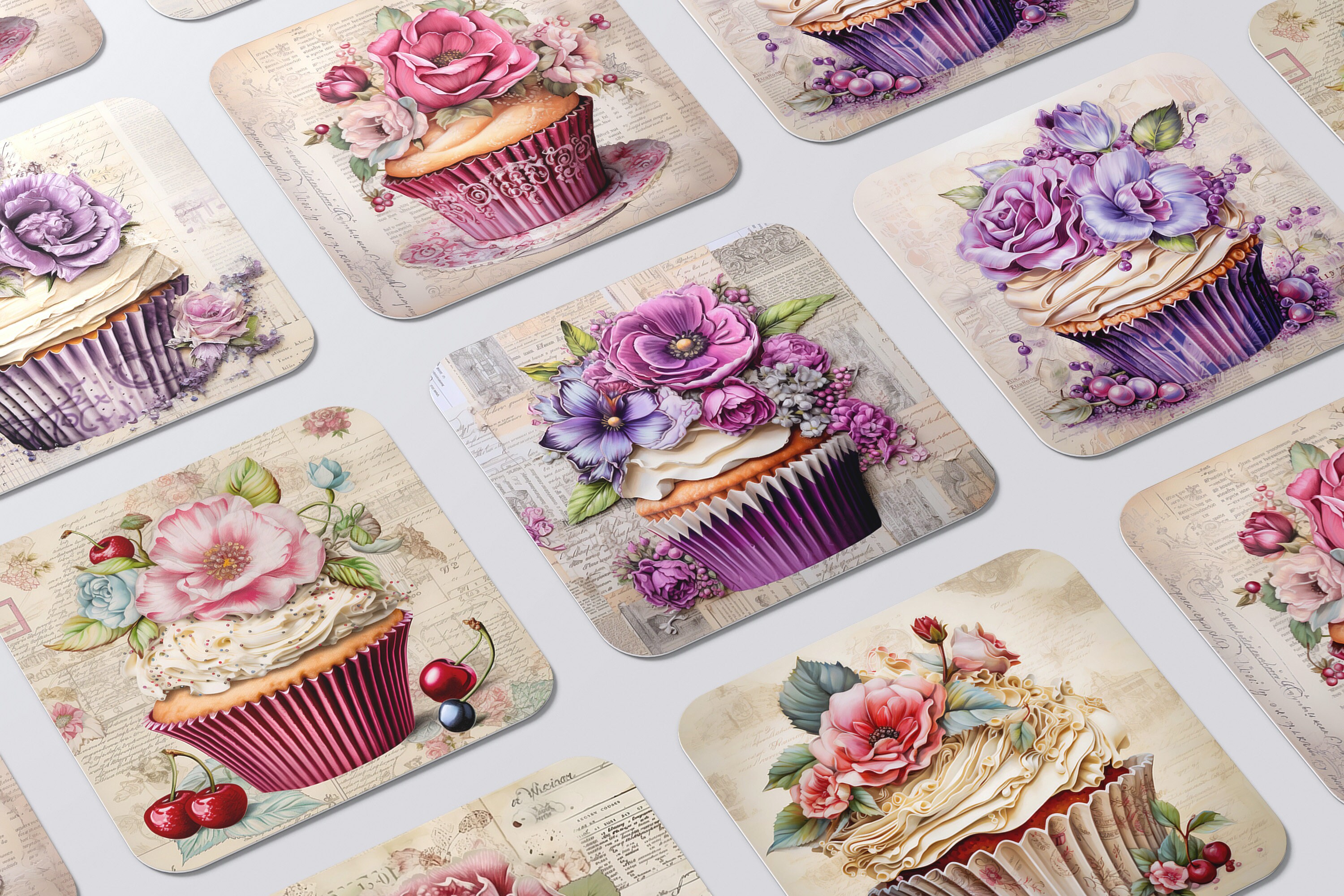 Digital Watercolor Cupcakes Vintage Newspaper Wall Art Print Purple ...