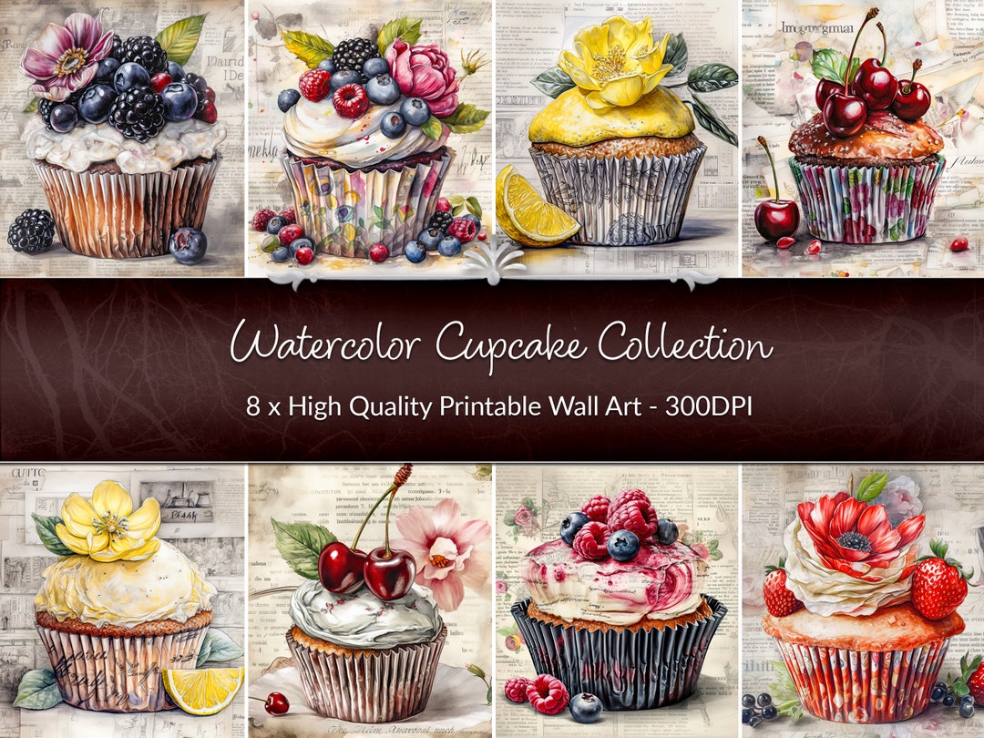 Newspaper Printable Art or Custom Card Print Set of Watercolor Cupcake ...