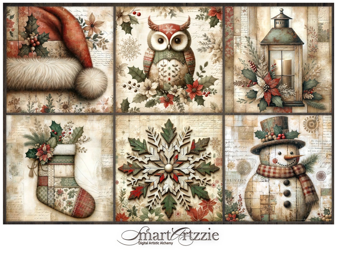 Rustic Christmas Art Set Vintage Holiday Decor Prints Bundle, Festive ...