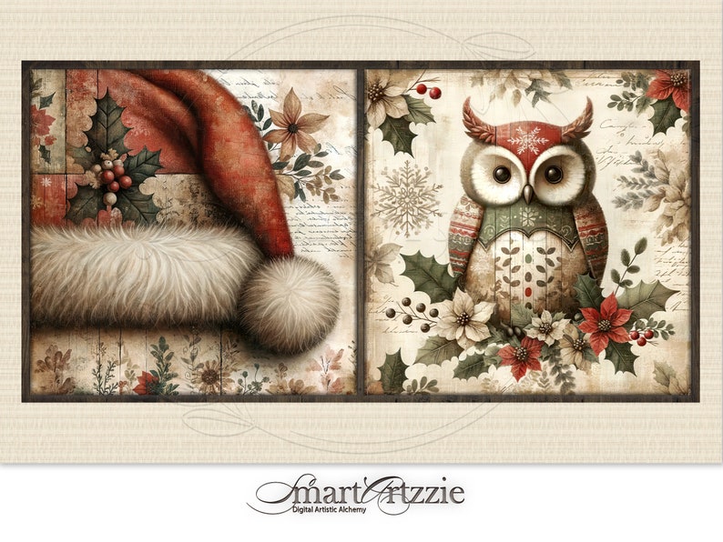 Rustic Christmas Art Set Vintage Holiday Decor Prints Bundle, Festive