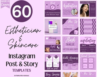 Esthetician Template Instagram | Instagram Template Bundle For Esthetician Beauty Wellness Business | Instagram Post And Story | Purple