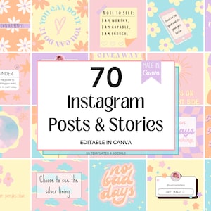 70 Instagram-sjablonen Pastel | Instagram-berichtsjablonen Kleurrijk | Verhaalsjablonen voor Instagram | Canva-sjabloon | Pastelkleurige Instagram-feed