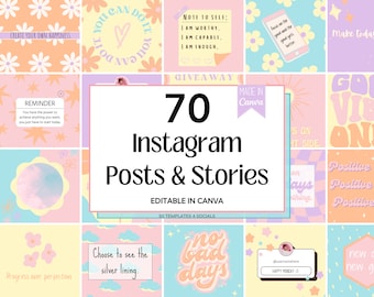 70 Instagram Templates Pastel | Instagram Post Templates Colorful | Story Templates For Instagram | Canva Template | Pastel Instagram Feed