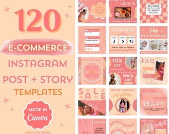 Puede incluir: Un conjunto de 120 plantillas de publicaciones e historias de Instagram para comercio electrónico, en tonos melocotón y coral. Las plantillas, diseñadas para Canva, presentan gráficos promocionales como "Nueva llegada", "Venta" y "Sorteo".