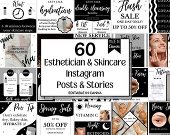 Esthetician Template Instagram | Instagram Template Bundle For Esthetician Beauty Wellness Business | Instagram Post And Story | Black White