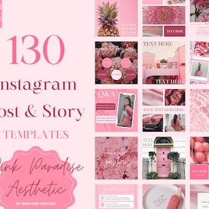 May include: A collage of 130 pink Instagram post and story templates with the text "Pink Paradise Aesthetic" and "SS Templates 4 Socials".