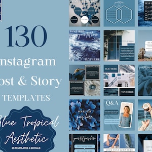 Instagram-sjablonen blauw | Tropisch blauwe Instagram-post | Blauwe Instagram-feed | Mediakit | Berichtsjablonen | Verhaalsjablonen | Kanva