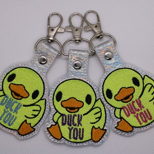 Duck You Embroidered Keychain: Iridescent Vinyl Key Fob, Funny Gift