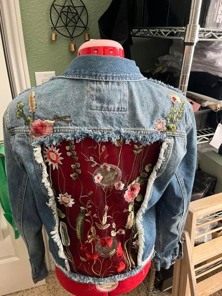Upcycled Denim Jacket With Wildflower Mesh Lace Inserts