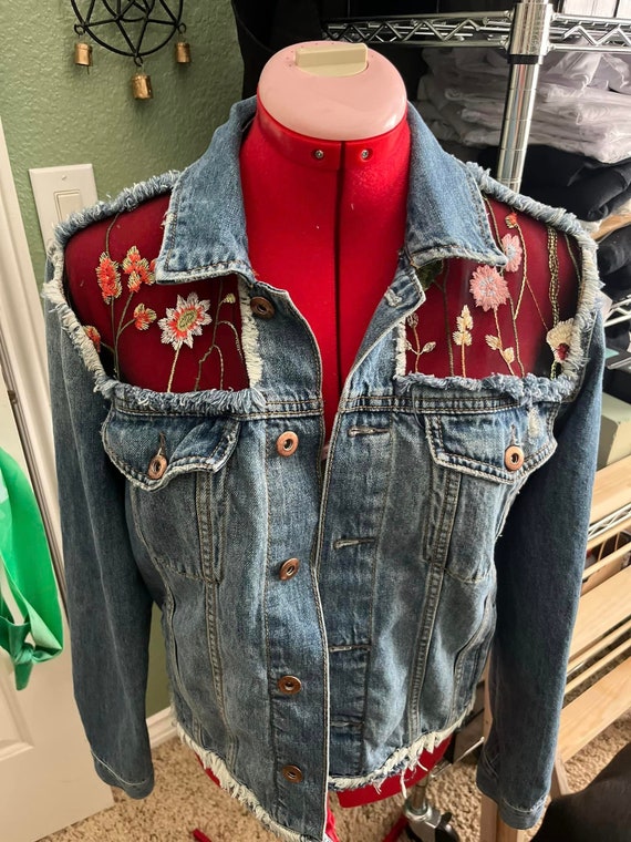 Upcycled Denim Jacket With Wildflower Mesh Lace Inserts
