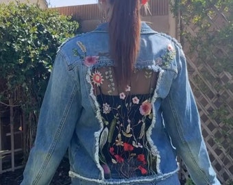 Upcycled Denim Jacket With Wildflower Mesh Lace Inserts