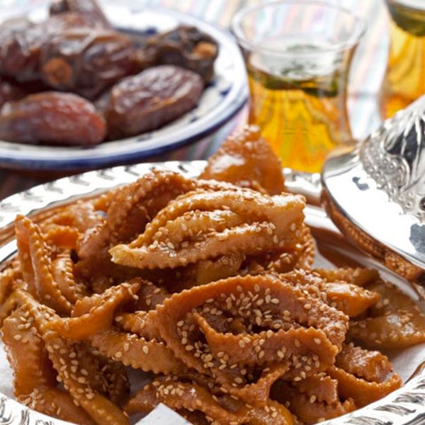 Moroccan Traditional Candy Cookies; Chebakia with Almond & Honey. Natural Candy Nut Dessert. Delicious Arabic Dessert