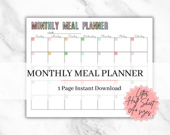 Monthly Meal Calendar, Monthly Meal Planner, Printable Meal Calendar, Digital Menu Planner, Meal Prep, Digital Meal Planning
