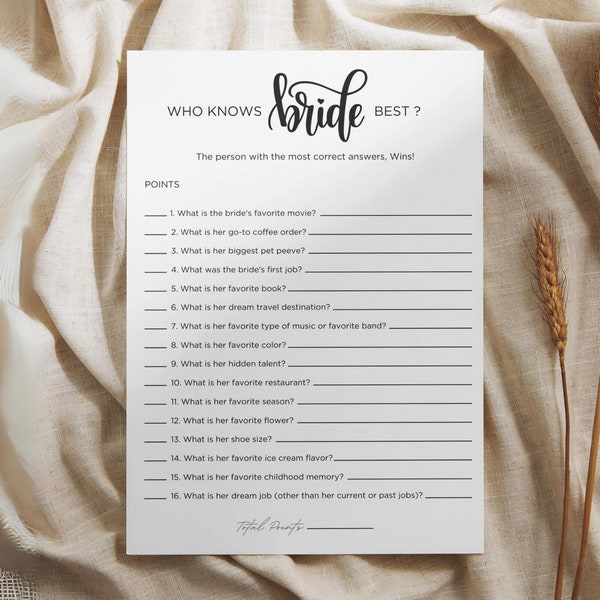 Minimalist Who Knows The Bride The Most Game, Modern Bridal Shower Trivia Game Printable Editable Template, How Well Do You Know The Bride?