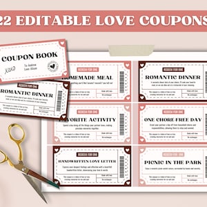 Libro de cupones de amor personalizable / Libro de cupones imprimible, regalo de San Valentín, cupón de amor editable, regalo de aniversario, regalo para él, regalo de bricolaje