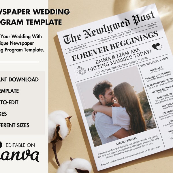 Folded Newspaper Wedding Program Template Canva, Editable Wedding Infographic, Unique Printable Wedding Timeline, Fun Wedding Word Search