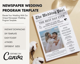 Folded Newspaper Wedding Program Template Canva, Editable Wedding Infographic, Unique Printable Wedding Timeline, Fun Wedding Word Search