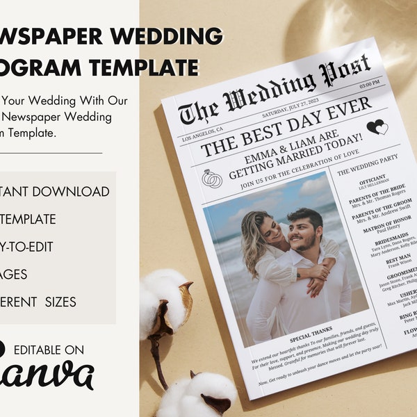 Plantilla de programa de bodas de periódico doblado Canva, infografía de bodas editable, línea de tiempo de bodas imprimible única, búsqueda divertida de palabras de bodas