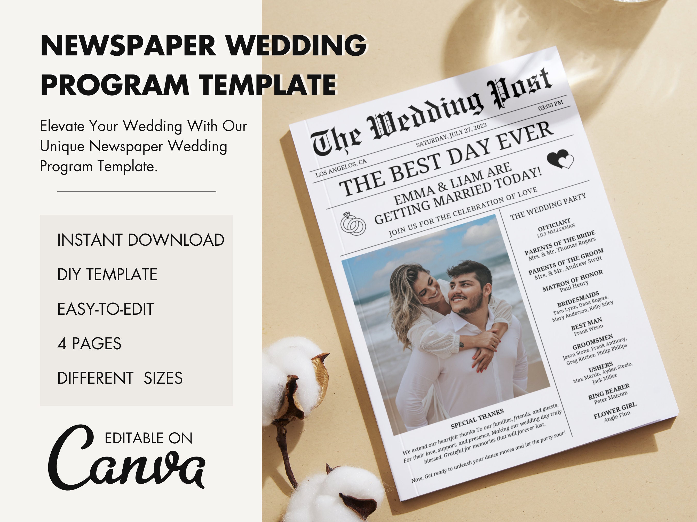 Newspaper Wedding Invitations Template, Fully Editable Unique