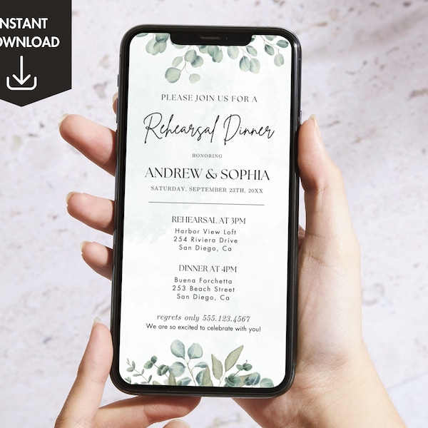 Digital Rehearsal Dinner Invitation, Greenery Wedding Rehearsal Evite, Electronic Dinner Text Invite Canva Template DIY, Instant Download